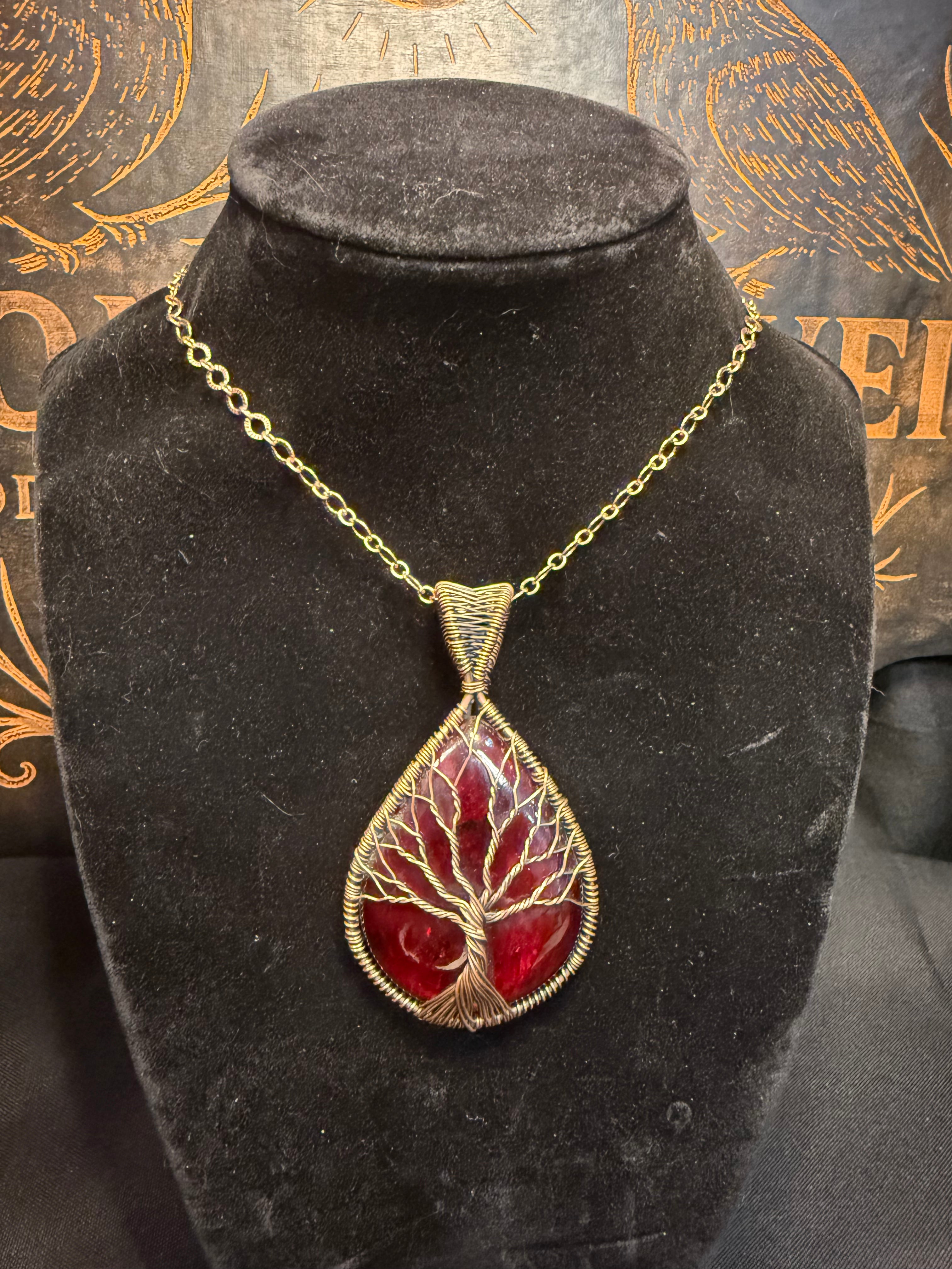 Red fire tree of life pendant w/necklace
